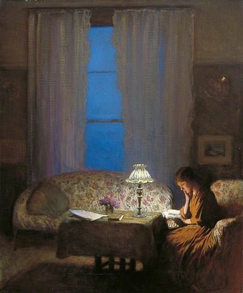 Twilight Interior, George Clausen, Reading Art, 수채화 그림, Woman Reading, Reading A Book, Art Uk, Girl Reading, Mini Canvas Art