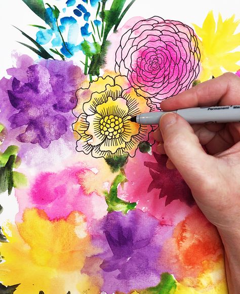 alisaburke: a peek inside my process: layers of watercolor and pen Groovy Crafts, Doodling Flowers, Reverse Coloring Book, Reverse Coloring, Zantangle Art, Trumpet Flowers, Watercolor And Pen, Alisa Burke, Jungle Mural