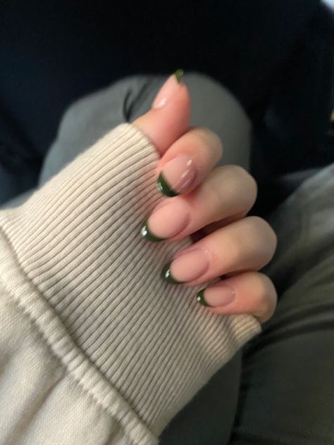 Dark Green Tips Nails, Green French Nails Short, Prom Nails Short Almond, Olive Green Tip Nails, Dark Green French Tip Nails Short, Dark Green Almond Nails French Tip, Round Green Nails, Olive Green French Nails, Army Green French Tip Nails