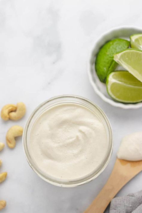 Dairy-free cashew lime crema, perfect for tacos or cooling off any spicy dish. Lime Crema Recipe, Dairy Free Tacos, Vegan Salad Dressing Recipes, Crema Recipe, Lime Crema, Vegan Summer Recipes, Lime Cream, Wfpb Recipes, Vegan Dip