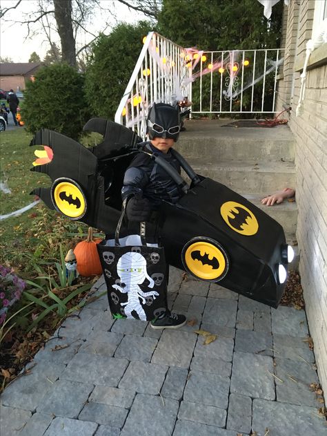 Batmobile Cardboard Car, Batman Theme Costumes For Family, Diy Batmobile, Kids Batman Costume, Batman Halloween Costumes, Batman And Batmobile, Kindy 500, Batman Costume For Boys, Cars Halloween Costume