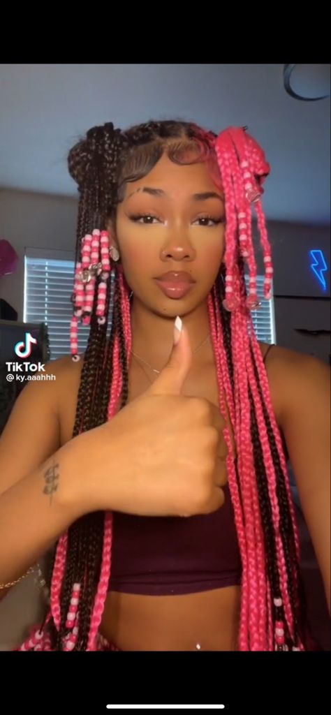 Barbie Hairstyles With Braids, Pink Black Box Braids, Blonde Pink Braids Black Women, Half Pink Half Black Braids, Protective Hairstyles Color, Half Pink Half Black Hair Box Braids, How To Style Long Braids With Beads, Protective Hairstyles With Beads, Cute Pink Braids