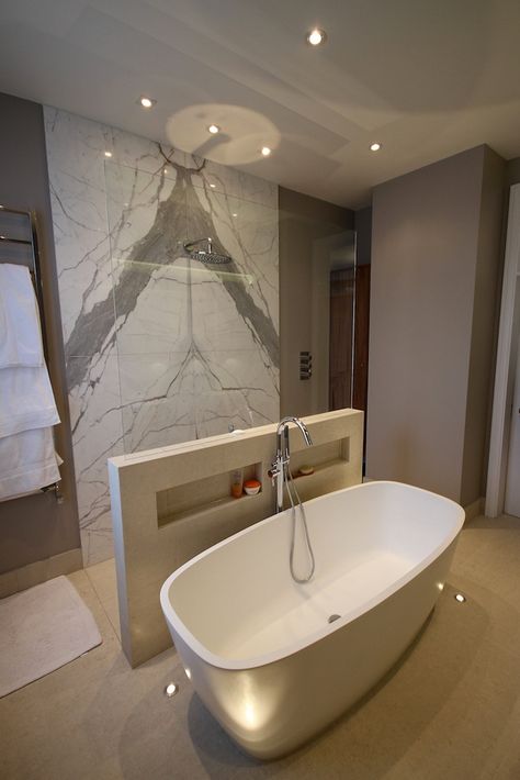 Free Standing Bath Tub Middle Of Room, Bathroom Wet Area Master Bath, Bathtub In The Middle Of The Room, Shower With Tub In Front Of It, Bathtub In Front Of Shower Wall, Free Standing Bath Tub Ideas Master Bath, Shower Stone Wall, Tub In Front Of Shower Wall, Long Bathrooms Ideas