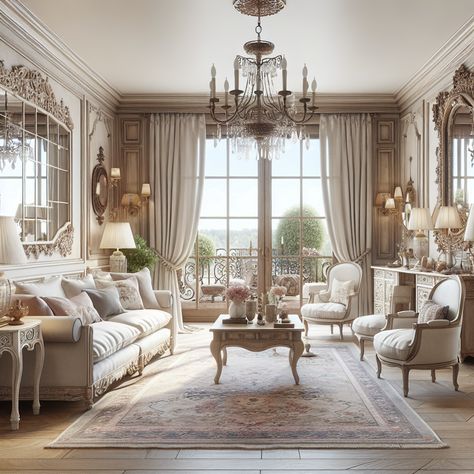 The image should demonstrate the fusion of modern and vintage vibes, typical to French decor. Key elements could include elegantly carved wooden furniture in light colors, embellished mirrors, Persian rugs, and oversized rustic sconces. French doors opening to a balcony with a scenic view can be included. The living space should be airy and light-filled, with sumptuous fabrics and delicate accents contributing to an overall impression of refined comfort and sophistication. Chateau Living Room, Old Money Living Room, Timeless Living Room Decor, Classic Rooms, Old Money House, Timeless Living Room, Dream Life House, Bloxburg Ideas, Vintage Elegance