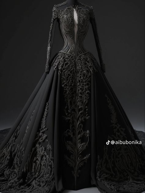 Gothic Masquerade Dress, Dark Fantasy Gowns Queens, Gothic Dresses Victorian, Black Fantasy Dress Queens, Queen Gowns Royal, Black Fantasy Gown, Royal Black Dress, Black Queen Dress, Dark Fantasy Dress