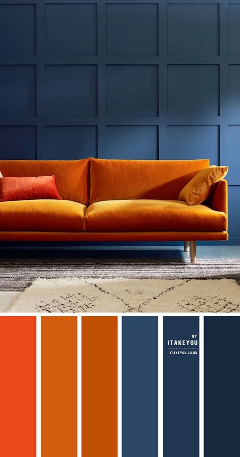 Earth Tone Color Combos For Minimalist bathroom 1 - I Take You | Wedding Readings | Wedding Ideas | Wedding Dresses | Wedding Theme Rust Sofa, Rust Color Schemes, Blue And Orange Living Room, Fall Color Combinations, Design Seed, Dark Blue Living Room, Orange Sofa, Living Room Orange, Color Schemes Colour Palettes