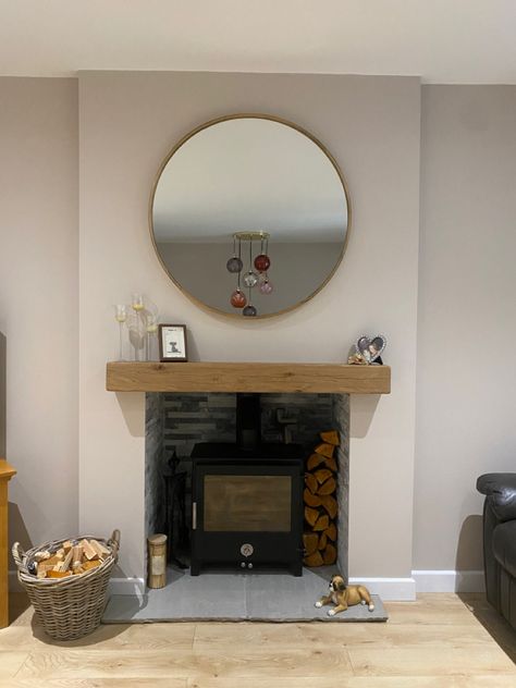 Woodburning Stove, Wooden Mantle, Oak Mantel, Room Focal Point, Slate Hearth, Cozy Living Room Design, Grey Slate, Grey Quartz, Dulux Heritage