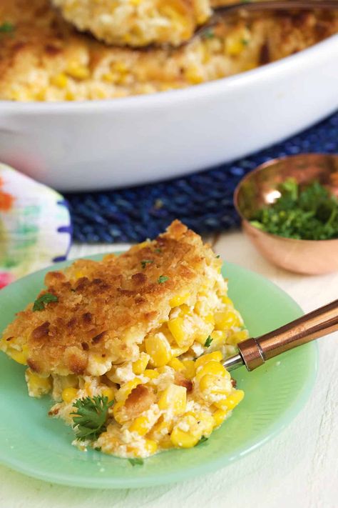 Scalloped Corn Casserole - The Suburban Soapbox Savory Corn Pudding, Thanksgiving Corn Pudding, Corn Casserole Easy, Easy Corn Pudding, Scalloped Corn Casserole, Corn Pudding Recipe, Easy Vegetable Side Dish, Cheesy Corn Casserole, Corn Side