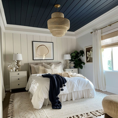 10 Amazing Painted Ceiling Ideas - Rhythm of the Home Painted Interior Ceilings, Painted Ceilings Dining Room, Beadboard Bedroom Ceiling, Blue Painted Ceiling Bedroom, Bedrooms With Painted Ceilings, White Walls Black Ceiling Bedroom, Basement Room Color Ideas, Color Painted Ceiling, Update Tray Ceiling Bedroom