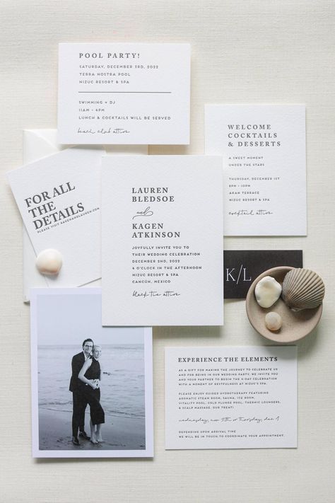 Looking for modern stationery inspo? Look no further than this monochromatic wedding at Nizuc Resport and Spa!Photography: Gracie Byrd Jones (http://graciebyrdjones.com) Destination Wedding Mood Board, Destination Wedding Invitation Ideas, Modern Grace Kelly, Mexico Wedding Invitations, Minimal Modern Wedding, Luxury Invitation Card, Minimal Wedding Decor, Monochromatic Wedding, Modern Wedding Invitation Suite