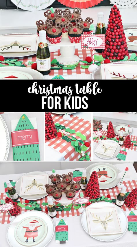 Kid Christmas Table Decor, Christmas Kids Table Ideas, Kids Table Christmas Decorations, Christmas Table Settings For Kids, Kids Christmas Table Decorations, Fun Christmas Table Decor, Kids Christmas Party Table Decor, Christmas Table For Kids, Christmas Table Kids