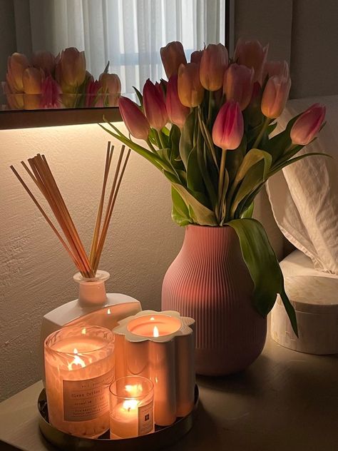 Tulips, Vase, Candles, Mirror, Flowers