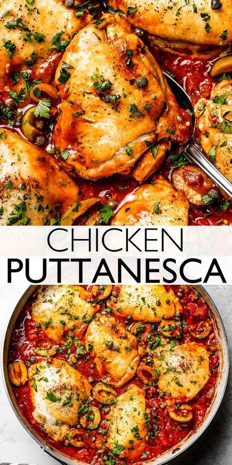 With its blend of tomatoes, garlic, capers, and more, puttanesca sauce is a quick but delicious dinner recipe. And, while puttanesca sauce is most famously served over pasta, it’s good on almost anything, especially chicken! Chicken Puttanesca, Chicken Thights Recipes, Puttanesca Sauce, Capers Recipe, Duck Recipes, Savory Chicken, Chicken Main Dishes, Chicken Recipes Casserole, Chicken Dishes Recipes