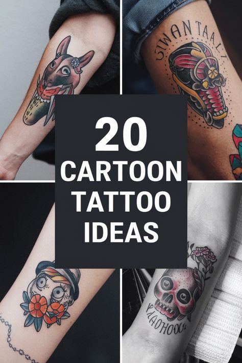 Collage of various cartoon tattoos on different parts of the body with the text "20 Cartoon Tattoo Ideas" in the center. Nostalgic Cartoon, Rugrats Characters, Cartoon Tattoo Ideas, Pikachu Tattoo, 90s Cartoon Characters, Scene Tattoo, Cartoon Tattoo, Nostalgic Vibes, Tv Watching