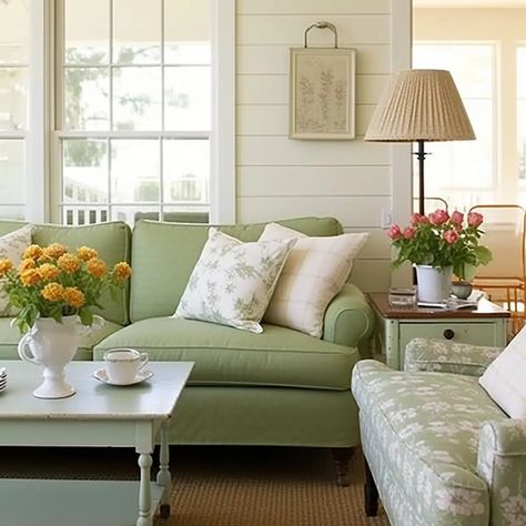 living_room_Cottage-Style_Green_Couch_Living_Room_So 3 Sage Sofa Living Room Decor, Sage Couch Living Room, Sage Green Sofa Living Room Ideas, Green Farmhouse Living Room, Light Green Couch, Sage Green Couch, Green Couch Living Room Ideas, Sage Green Sofa, Blue Couch Living