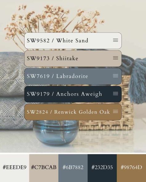 Cozy Color Palette with Hex Codes and Paint Color Matches Cozy Color Palette, Blue Living Room Color, Color Palette With Hex Codes, Cozy Colors Palette, Brown And Blue Living Room, Cream Bedrooms, Cream Living Rooms, House Color Palettes, Living Room Color Schemes