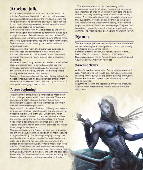 Exciting news, fellow D&D enthusiasts! A new homebrewed race has arrived – behold the Spiders, ready to weave their way into your game and dominate the battlefield! More unique races are in the works, but for now, indulge in the arachnid goodness I have prepared for you. Click the link below to explore these eight-legged warriors or join me on Discord to chat and learn more. Happy hunting, adventurers! Dnd Spider Race, Dnd 5e Races Homebrew, Dnd 5e Races, Homebrew Races, 5e Races, Dungeons And Dragons Races, Dnd Npc, D D Races, Dnd Stats