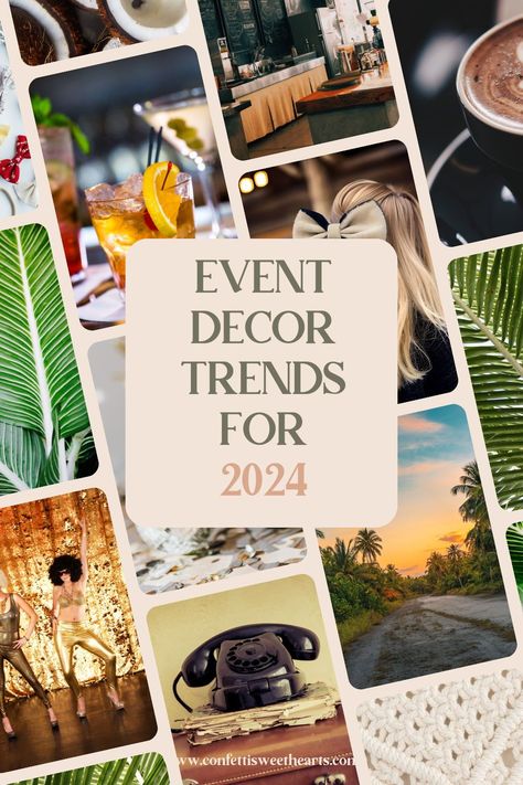 Find out what decor trends Pinterest are predicting to be big in 2024. From tropical themes, to groovy wedding inspiration, you won't want to miss out on these fun ideas. #pinteresttrends #decortrends #eventdecorations Trendy Event Decor, 2024 Event Decor Trends, Party Decor Trends 2024, 2024 Event Trends, Party Trends 2024, 2024 Wedding Decor Trends, 2024 Party Trends, Event Mood Board, Dreamy Wedding Decor