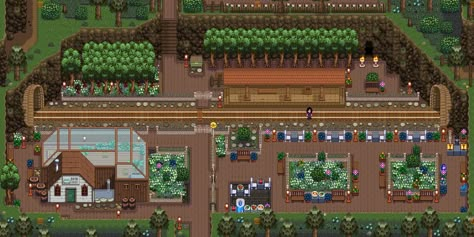 Train station and spa decoration🚂🧖‍♀️ Stardew valley💖 Stardew Valley Town Layout, Stardew Valley Spa Design, Stardew Train Station, Stardew Valley Train Station Layout, Stardew Valley Village Decoration, Stardew Outdoor Decor, Stardew Valley Town Decoration Ideas, Stardew Valley Train Station, Stardew Valley Farm Decor