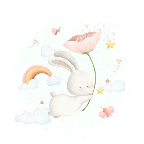 Vector watercolor illustration cute rabb... | Premium Vector #Freepik #vector #watercolor-bunny #watercolor-rabbit #baby-bunny #bunny Lapin Art, Baby Animal Drawings, Diy Wall Decals, Cloud Stickers, Minted Art, Clipart Baby, Baby Illustration, Baby Clip Art, Bunny Art