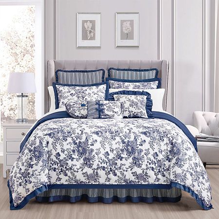 Blue And White Bedding, Cotton Comforter Set, Blue Comforter Sets, Toile Print, Blue Comforter, Floral Toile, Full Bedding Sets, Twin Bed Sets, Cotton Comforters