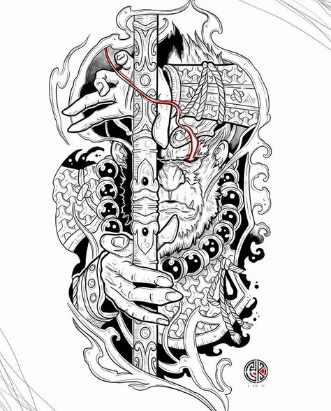 Tato Japan, Wukong Tattoo, Phoenix Tattoo Sleeve, Butterfly Leg Tattoos, Frankenstein Tattoo, Samurai Tattoo Sleeve, Traditional Tattoo Stencils, Tattoo Samples, King Drawing