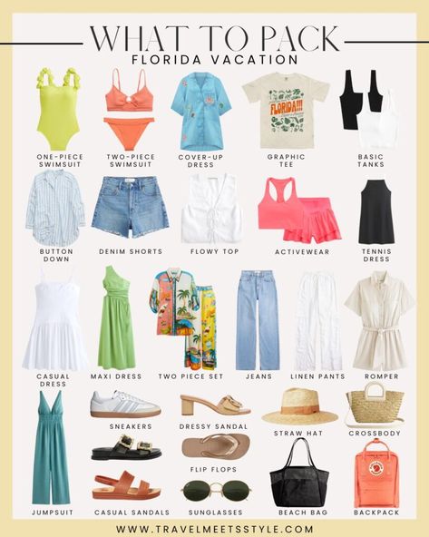 Ultimate Florida packing list: What to pack for Florida (any time of year) 2024 - Travel Meets Style Orlando Florida Outfits Summer, What To Pack For Florida Vacation, Florida Vacation Packing List, Outfits For Florida Vacation, Florida Beach Outfits, What To Wear In Florida, Florida Outfit Ideas, What To Pack For Florida, Florida Outfits Summer