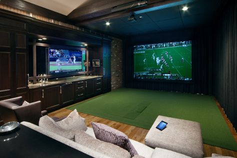 Golf Man Cave, Indoor Golf Simulator, Home Golf Simulator, Golf Simulator Room, Golf Room, Indoor Golf, Media Room Design, Golf Simulator, Man Cave Room