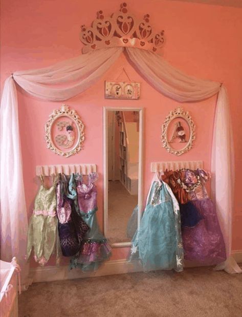 40+ Girls Bedroom Ideas With An Awesome Play Space Restroom Ideas, Dress Up Area, Dress Up Storage, Girls Playroom, Princess Bedroom, Princess Dress Up, Princess Room, Toddler Bedrooms, Toy Rooms