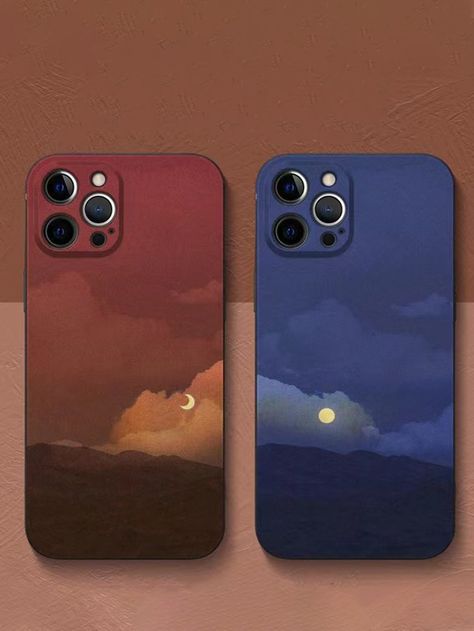 Multicolor  Collar  TPU Landscape Print Phone Cases Embellished   Phone/Pad Accessories Couple Landscape, Artsy Phone Cases, Friends Phone Case, Phone Case Diy Paint, Matching Phone Cases, Beautiful Iphone Case, Creative Iphone Case, Couples Phone Cases, Landscape Pattern