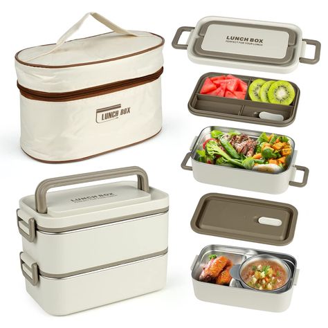 PRICES MAY VARY. 【Food Grade Material】Keweis lunch box Containers set is made of high quality food-grade safe PP plastic (external) and durable 304 stainless steel (internal), BPA free, No rust, no odor retention, so you can use it without any worries. HEALTH AND SAFETY, Unique design, fresh and elegant style, perfect for aldults women and men. 【2 layered Stackable & Soup Bowl 】Stackable bento boxes with layered and compartments design prevents different foods from mixing, thus maintaining the o Stainless Steel Bento Box, Thermal Lunch Bag, Adult Lunches, Lunch Box Containers, Lunch Box Set, Bento Recipes, Bento Boxes, Lunch Containers, Insulated Lunch Box