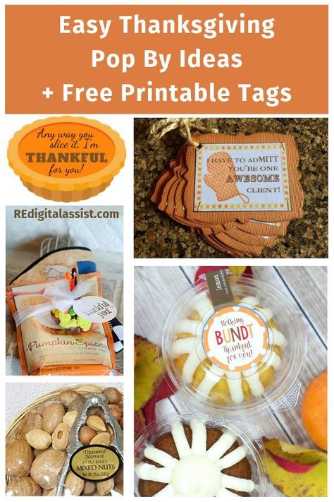 November is the ideal time to show your gratitude for your clients and referrers with some fun pop bys. Here is a roundup of fun ones for fall and Thanksgiving. You'll find free printable tags for your pie giveaway along with other fun edible client gift ideas for the Thanksgiving season. #REdigitalassist #Thanksgiving #popby #gift #ideas #realestate #clients Thanksgiving Client Gift Ideas, Thanksgiving Drop By Gifts, Realtor Thanksgiving Gifts, Fall Outreach Marketing, Thankful For Your Referrals, Co Worker Thanksgiving Gift Ideas, November Marketing Gifts, Thanksgiving Marketing Gifts, Fall Pop By Gifts