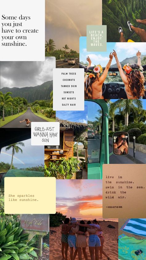 Mood Board 
Hawaii Vibes 
Summer Vibes 
Green 
Blue 
Beach
Rainbows 
Ocean 
Create your own sunshine 
Girls just wanna have sun Hawaii Mood Board, Salty Hair, Enjoy The Sunshine, High Tide, Summer Theme, Tan Skin, Palm Trees, Girl Hairstyles, Hawaii