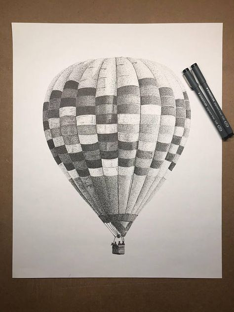 “Up and Away” 14x17” pen and ink Canson Mixed Media Paper (98lb) (Hot air balloon is ~ 13.5x10.5”) Take flight with this large hot air balloon piece! 100% pointillism, with easily over 10,000 dots, this piece is big enough to see from far away, and intricate enough for people to want Hot Air Balloon Ink Drawing, Drawings Of Hot Air Balloons, Hot Air Balloon Tattoo Black And White, Drawing On Big Paper, Hot Air Balloon Sketch, Monochrome Moodboard, Ballon Drawing, Hot Air Balloon Illustration, Graphite Sketches