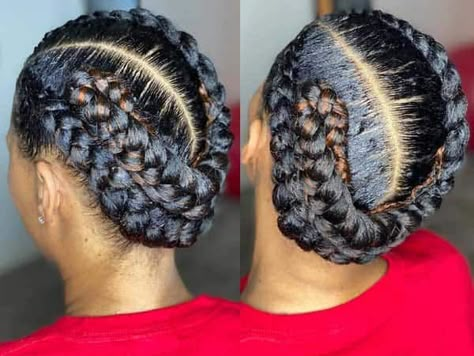 Four Goddess Braids Black Women, Goddess Braids Hairstyles Updo, Braid Hair Ideas, Spring Braids, Goddess Braids Natural Hair, Goddess Braid Bun, Grey Hair Braids, Big Cornrows, Cornrows Updo