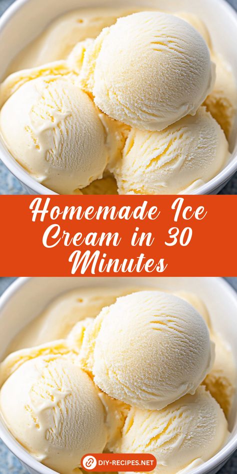 Make your own homemade ice cream in just 30 minutes! This easy vanilla recipe requires only a few ingredients and an ice cream maker. Perfect for a quick summer dessert. Homemade Ice Cream With Honey, Vanilla Ice Cream Homemade No Machine, Basic Ice Cream Recipe, Homage Ice Cream, Kitchenaid Ice Cream Recipe, Quick Homemade Ice Cream, Orange Crush Ice Cream Recipe, Homemade Ice Cream With Machine, Easy Homemade Ice Cream Recipes Simple