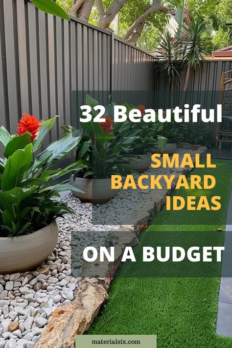 Beautiful Small Backyard Ideas on a Budget: A garden with potted plants and decorative stones. Small Yard Landscaping Low Maintenance, No Backyard Ideas, Backyard Ideas Small Yard, Backyard Retreat On A Budget, How To Make Your Backyard Look Nice, Oasis Backyard Ideas On A Budget, Outside Lawn Ideas Yards, Simple Backyard Design Ideas, Cool Small Backyard Ideas