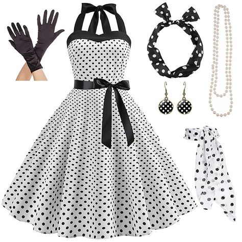 Old Money 1950s Outfits, 1960 Dresses Vintage, 1950s Polka Dot Dress, Vintage 1950s Dresses 50 Style, Easy 50s Outfit, Glove Types, 1950s Dress To Impress, 60s Dresses Vintage, Retro Glamour Dress To Impress