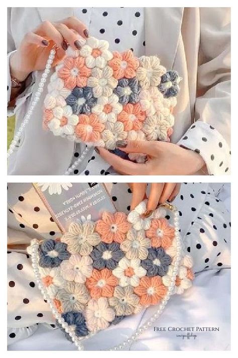 Flower Bag Free Crochet Pattern Purse Patterns Free, Tote Crochet, Crochet Puff Flower, Crochet Purse Pattern Free, Free Crochet Bag, Crochet Bag Pattern Free, Crochet Clutch, Crochet Purse Patterns, Flower Bag