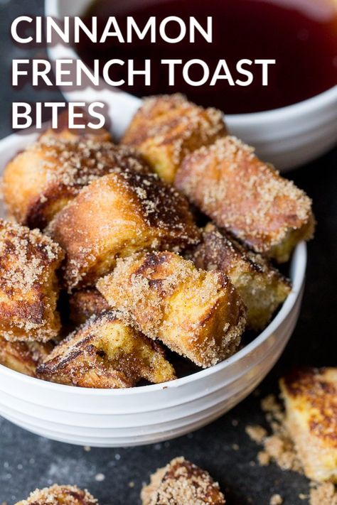 Cinnamon French Toast Bites | Six Sisters' Stuff Everything is better when it's bite size, especially breakfast. Wake up to these Cinnamon French Toast Bites and your start your day with a delicious dippable breakfast tossed in cinnamon and sugar. #frenchtoast #cinnamon Cinnamon French Toast Bites, French Toast Bites Recipe, Bite Size Breakfast, Breakfast Cinnamon, French Toast Bites, Homemade French Toast, Protein Rich Breakfast, Making Breakfast, Amazing Meals