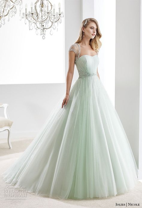 Nicole Jolies Collection 2016 — Colored #Wedding Dresses | Wedding Inspirasi  #bridal #weddings #weddinggown #weddingdress Mint Green Wedding Dress, Nicole Spose Wedding Dress, Green Wedding Dress, Colored Wedding Dress, Green Wedding Dresses, Popular Wedding Dresses, A Line Bridal Gowns, 2016 Wedding Dresses, 파티 드레스