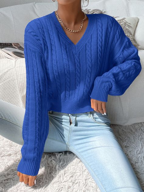 Blue Casual Collar Long Sleeve Fabric Plain Pullovers Embellished Non-Stretch Spring/Fall Women Knitwear Fall Green Outfits Women, Plain Sweater, Drop Shoulder Sweater, Cropped Pullover, Trendy Sweaters, Estilo Preppy, Cable Knit Jumper, Khaki Fashion, New Years Eve Outfits