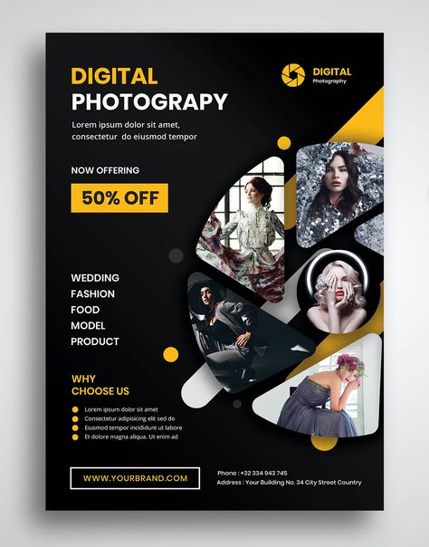 Digital Photography Flyer Template PSD Photoshop Layout Design, Photography Pamphlet Design, Photography Event Poster, Poster Photography Design, Photography Template Design, Flyer Design Photography, Pamplet Layout Design, Products Flyer Design, Photography Poster Design Creative