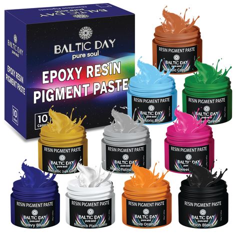 PRICES MAY VARY. Epoxy Resin Pigment Paste - highly pigmented and thick epoxy resin pigment paste comes in 10 unique colors (10g/0.36oz) including a full color spectrum covering all hues of Whites, Blacks, Blues, Greens, Violets, Purples, Cyans, Golds, Red, Yellows, Oranges, Brown, Turquoise. Perfect quantity for any art & craft projects of any size. If you tried our mica powders, you will not be disappointed with our epoxy pastes. It has a thick consistency that mixes with resins very well! Resin Pigment Paste - this kit includes only thick pigment paste. High concentration pigment paste for epoxy resin will help you to create cells and lacing in white foam of a wave and water effect in those "Beach" theme resin projects! You will be amazed how those colors will Pop out! Opaque Resin Pigm Resin Pigment, Color Epoxy, Liquid Resin, Water Effect, Resin Projects, Color Spectrum, Mica Powder, Beach Theme, Art Paint