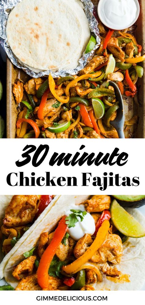 Healthy and flavorful Chicken, bell peppers, onions, garlic, and fajita seasoning all bake in one sheet pan in under 30 minutes. This quick sheet pan meal makes a delicious weeknight dinner with minimal mess and clean-up! Save this easy family recipe at gimmedelicious.com Healthy Sheet Pan Fajitas Chicken, Healthy Sheet Pan Fajitas, Chicken Fajita Oven Sheet Pan, Pan Sheet Fajitas, Chicken Fajita Tray Bake, Sheetpan Fajitas Chicken, Baking Sheet Meals, Sheet Pan Chicken Fajitas Pioneer Woman, Fajita Vegetables Recipe