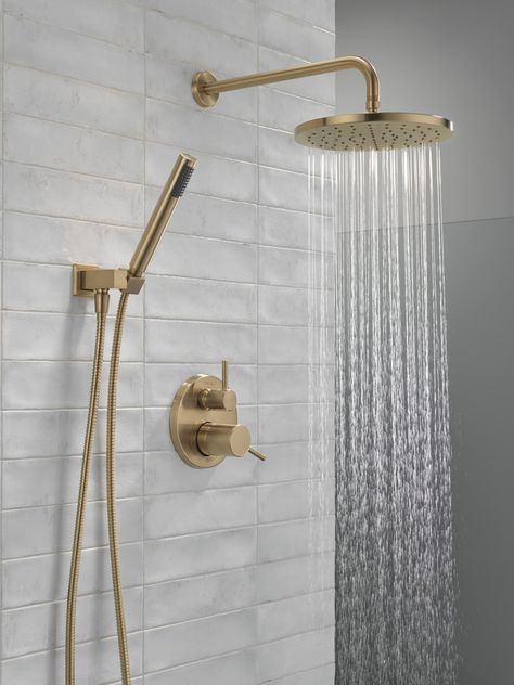 Champagne Faucet Bathroom, Gold Shower Fixtures Master Bath, Delta Champagne Bronze Light Fixtures, Champagne Bathroom Fixtures, Champagne Gold Bathroom Fixtures, Shower Hardware Ideas, Brushed Bronze Bathroom Fixtures, Gold Faucets Bathroom, Shower Faucet Ideas