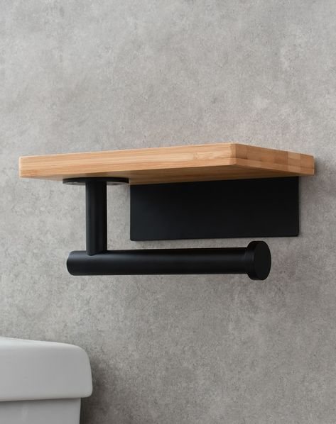 Tecmolog Rustproof Matte Black Wall Mount Toilet Paper Holder with Wood Shelf - Self Adhesive for Bathroom #Paperholder #Toilet #Bathroom https://www.sanitarya.com/products/sbh263b Toilet Magazine Rack, Toilet Holder Ideas, Tp Holder Diy, Toilet Tissue Holder Ideas, Toilet Paper Holder Wood, Wood Toilet Paper Holder, Black Toilet Paper Holder, Matte Black Wall, Toilet Paper Holder Wall