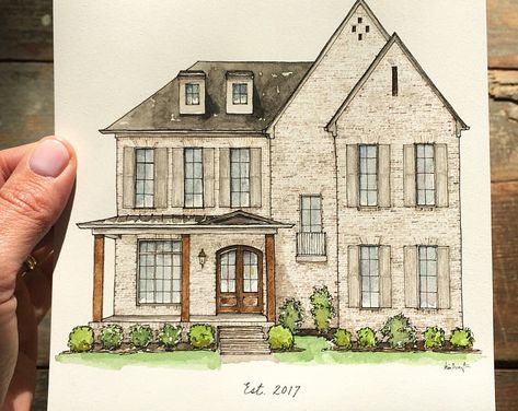 Brick House Sketch, Watercolor Homes, Simple House Sketch, House Art Drawing, Dream House Drawing, Watercolor Houses, House Drawings, Mini Sketchbook, Home Drawing