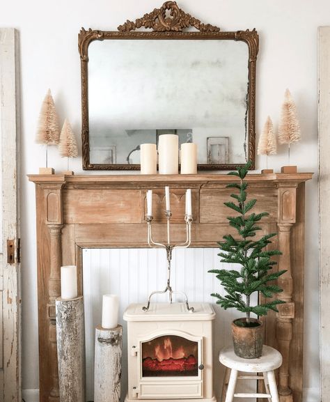 Faux Fireplace Ideas, Fireplace With Candles, Diy Fireplace Surround, Wooden Taper Candle Holders, Fireplace Shelves, Fireplace Mantle Decor, Candles In Fireplace, Dining Room Fireplace, Blue Backsplash