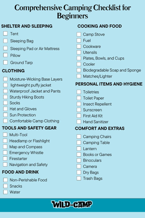 A detailed wild camping checklist for beginners, including essential items like a tent, sleeping bag, camp stove, and first aid kit. Perfect for planning your first outdoor adventure. Nature Checklist, Tent Camping Packing List, Trip Planning Checklist, Camping Packing List, Wild Camping, Packing Essentials, Camping Items, Food Tent, Camping Checklist